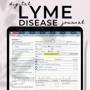 Puede incluir: Diario digital de la enfermedad de Lyme en una tableta. El diario presenta rastreadores diarios, registros de síntomas y una sección de notas. La pantalla muestra una entrada detallada del 1 de enero, con secciones para prioridades, clima, dieta y niveles de dolor. Un lápiz óptico es visible.
