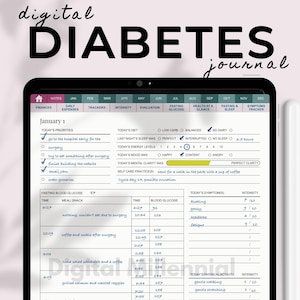 Puede incluir: Una interfaz de aplicación de diario de diabetes digital con un calendario, un rastreador diario y una sección para registrar los niveles de glucosa en sangre, los síntomas y la actividad física. La aplicación está abierta al 1 de enero e incluye una sección para las prioridades del día, la dieta, el sueño, el estado de ánimo y las prácticas de autocuidado.