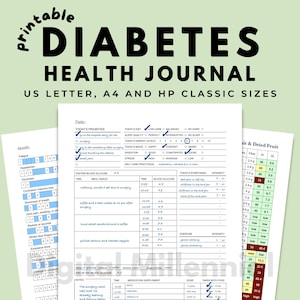 Printable Health Journal for Pre Diabetes, Type 1, 2 and Gestational for Monitoring Symptoms, Blood Glucose, A1C Levels, Meds, Meals & More