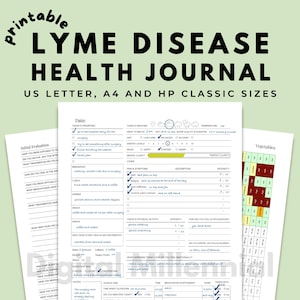 May include: A printable Lyme Disease Health Journal with the text "US LETTER, A4 AND HP CLASSIC SIZES" in black. The journal pages include sections for daily notes, symptoms, and a vegetable chart. The background is a light green color.