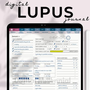 Puede incluir: Una aplicación de diario digital para el lupus que se muestra en la pantalla de una tableta. La aplicación tiene secciones para entradas diarias, rastreadores y seguimiento de síntomas. La aplicación está diseñada para ayudar a las personas con lupus a controlar su condición.