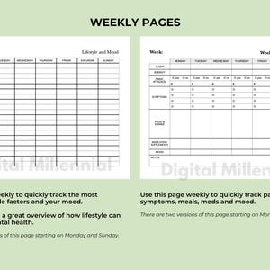 May include: Two printable pages for tracking weekly health and lifestyle factors. The first page is titled "Lifestyle and Mood" and includes categories like meals, water, caffeine, alcohol, physical symptoms, time with others, exercise, hobbies, self-care, and mood. The second page is titled "Weekly Health Overview" and includes categories like sleep, energy, panic attacks, symptoms, food & drinks, medication/supplements, mood, and notes.