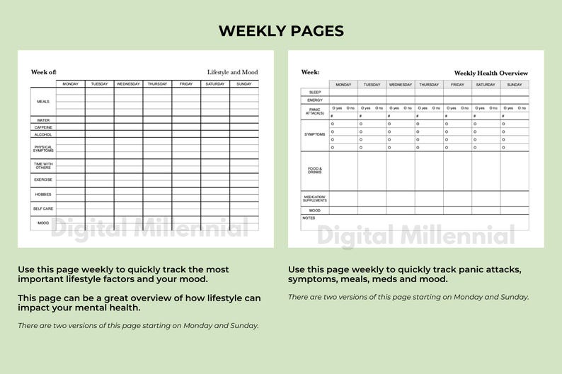 May include: Two printable pages for tracking weekly health and lifestyle factors. The first page is titled "Lifestyle and Mood" and includes categories like meals, water, caffeine, alcohol, physical symptoms, time with others, exercise, hobbies, self-care, and mood. The second page is titled "Weekly Health Overview" and includes categories like sleep, energy, panic attacks, symptoms, food & drinks, medication/supplements, mood, and notes.