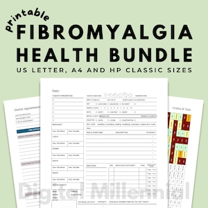 Op de afbeelding: Printable Fibromyalgie Health Bundle in US Letter, A4 en HP Classic formaten. De bundel bevat gezondheidstrackers en afsprakenbladen voor de dokter. De tekst bovenaan luidt "Printable Fibromyalgie Health Bundle".