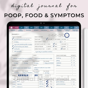 Digitaal spijsverteringsdagboek om poep, eten en symptomen bij te houden, dagelijkse gezondheidsplanner, symptomentracker, behandellogboek, wondbeoordeling en meer