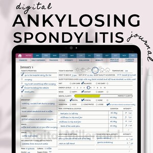 May include: Digital Ankylosing Spondylitis journal displayed on a tablet. The journal includes sections for daily priorities, weather, diet, energy levels, mood, and mental clarity. A white stylus is next to the tablet. The text "digital Ankylosing Spondylitis journal" is at the top.