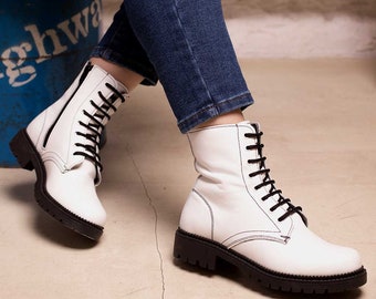 Ithaca handmade women boots | leather boots | stitched boots | white boots |