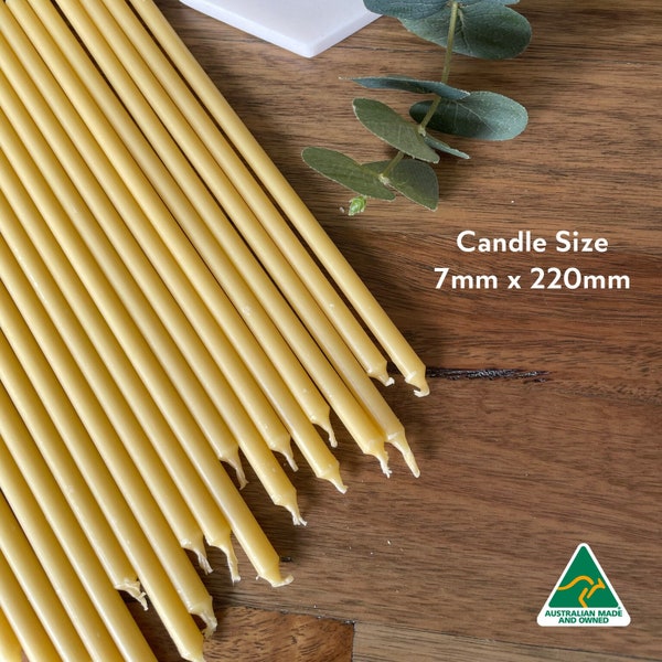 50 x Pure beeswax candles hand dipped, meditation / prayer beeswax tapered candle, taper candle, 7mm x 220mm Australian Made beeswax candles