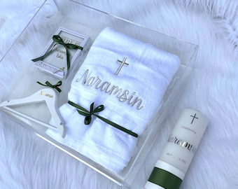 Catholic Baptism Package | Acrylic Box, Baptism Candle, Towel, Bible & Hanger Set