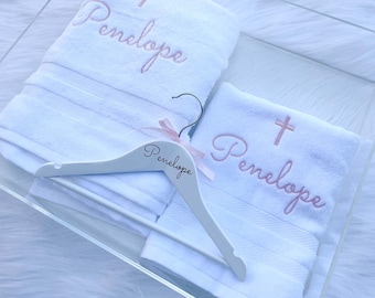 White Embroidered Hand Towel & Bath Towel Set including Children's Clothes Hanger