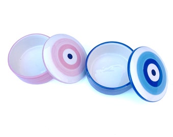 1 x Mati "Evil Eye" keramische snuisterijdoosje, blauw/roze beschikbaar, 9cm x 5cm snuisterijdoosje, Griekse Mati snuisterijdoosje, boze oog snuisterij