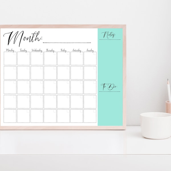 Blank Printable Calendar, Dry Erase Board Calendar, Command Center, Print Size 8x10, 11x14, 16x20, Family Calendar