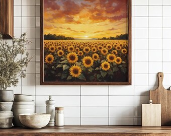 Sonnenblume Sonnenuntergang Wandkunst, rustikale Sonnenblume bedruckbar, Sonnenblumenfeld, Vintage Blumendekor, Land Wandkunst, digitaler Download, PNG