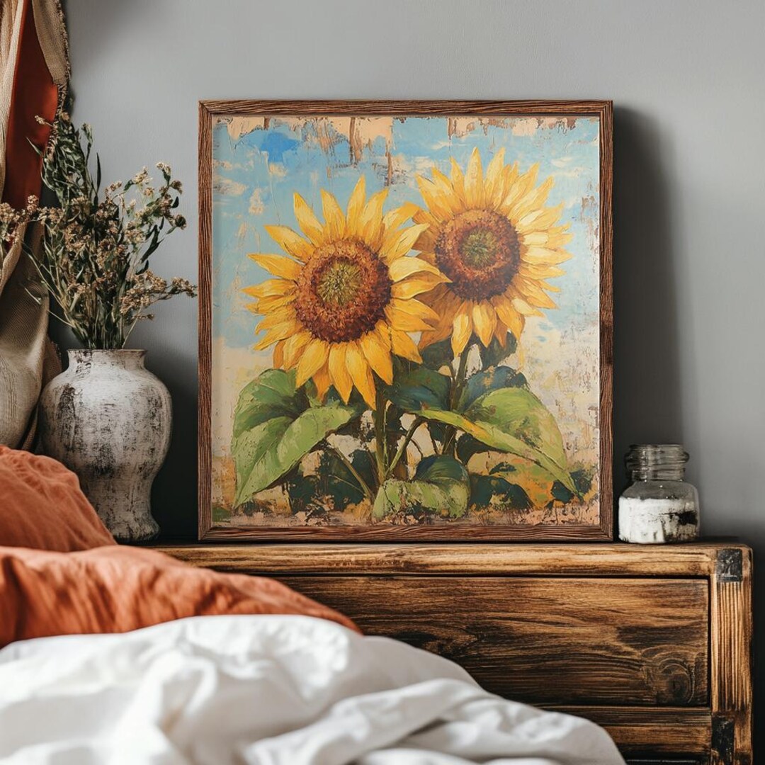 Rustic Sunflower Wall Art Printable, Vintage Floral Decor, Country Wall ...