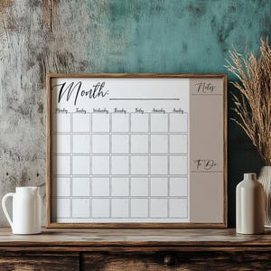 Blank Printable Calendar, Dry Erase Board Calendar, Command Center, Print Size 8x10, 11x14, 16x20, Family Calendar, Printable PDF
