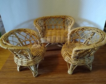 Natural wicker vintage doll loveseat and armchairs - larger scale