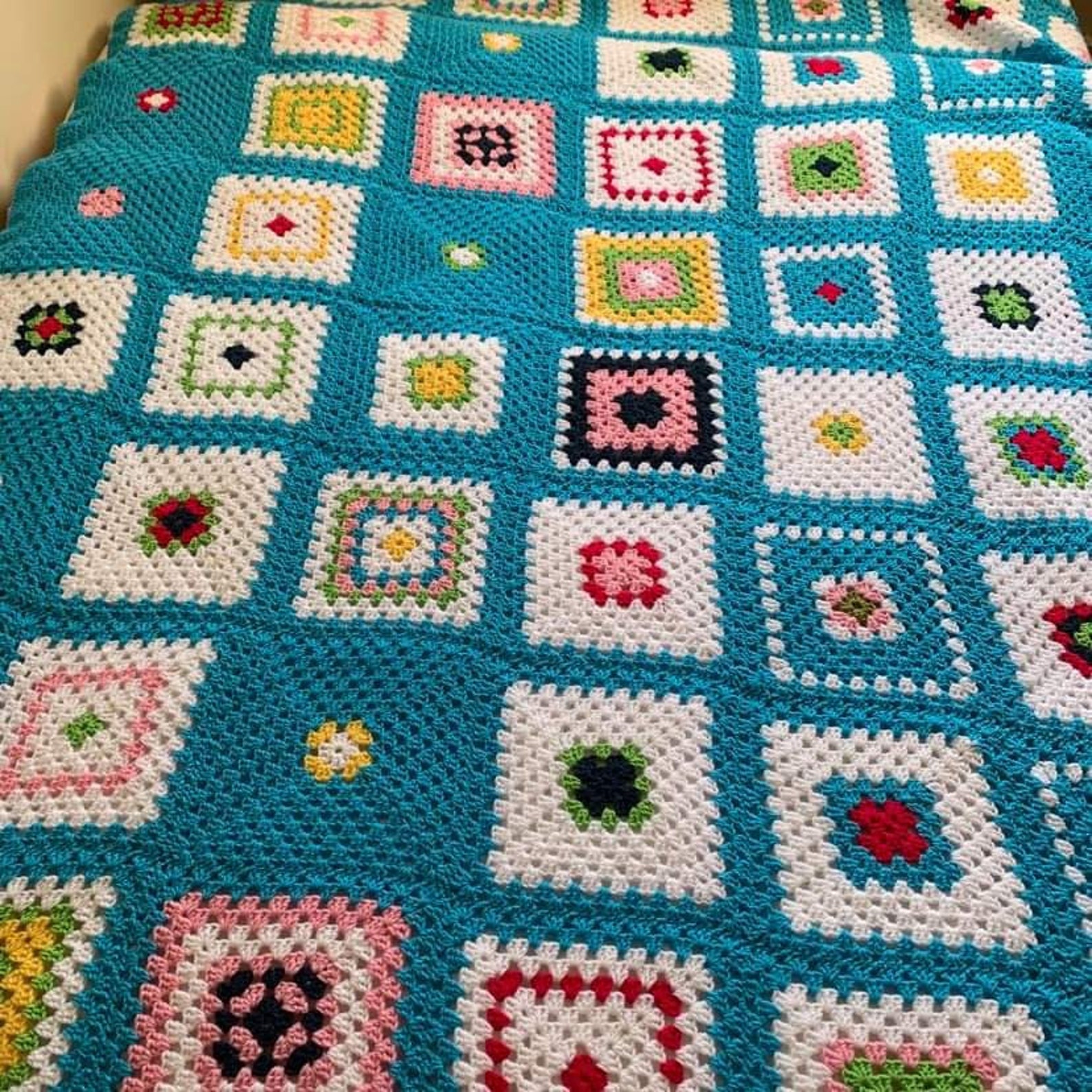 Large Bright Hand Crocheted Blanket With Pompom Etsy