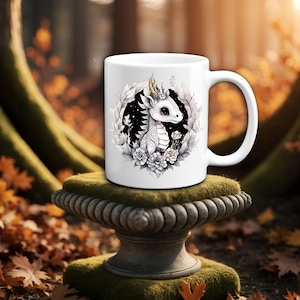 White Baby Dragon Mug | Cute Fantasy Coffee Cup with Pink Wings | Dragon Lover Gift | Whimsical Tea Mug