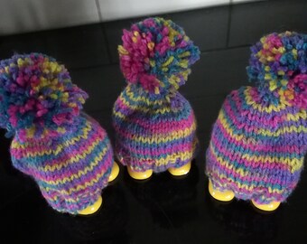 Hand Knitted Egg Cosy Set: Rainbow Wool Pom Poms, Gift Wrapped