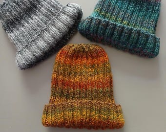 Men's Hand Knitted touch of alpaca Ribbed Adult Hat: Multi Coloured Cosy Beanie