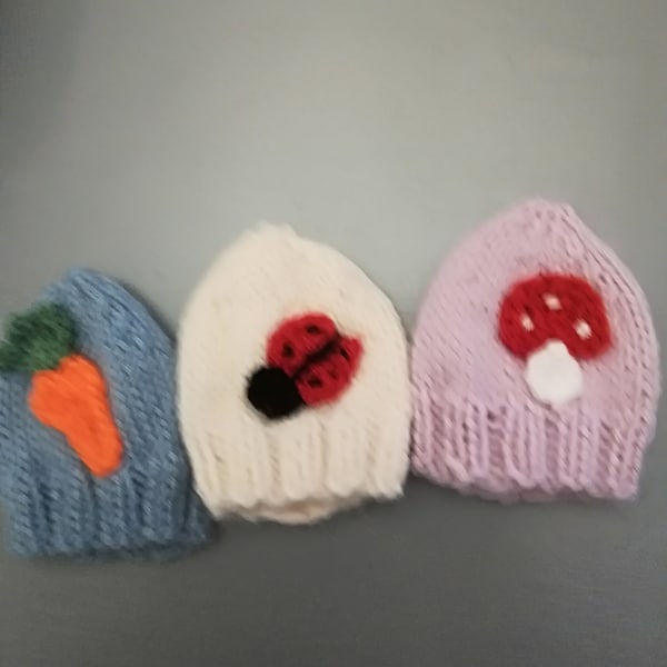 Alpaca egg cosy set of three hand knitted in with crochet motifs, carrot, Toadstool and Ladybird. great gift for easter. Gift wrapped
