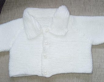 Hand Knitted white Baby Jacket: with teddy bear buttons , Newborn 0-3 Months