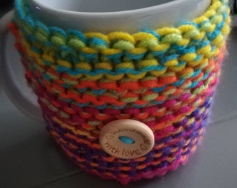 Lot s of colour options Hand knitted chunky mug cosy , keeps your drinks hotter, nice to hold, great gift idea