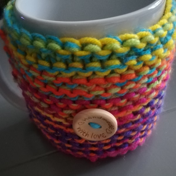 Lot s of colour options Hand knitted chunky mug cosy , keeps your drinks hotter, nice to hold, great gift idea