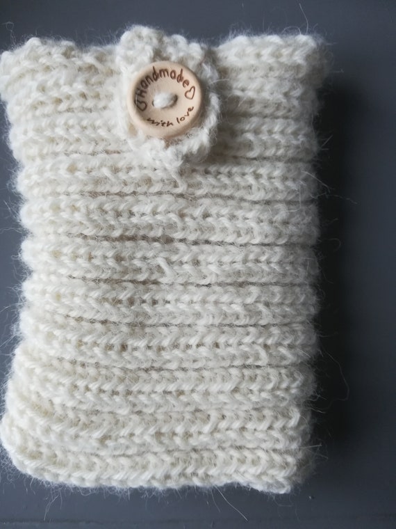 Phone Cover Knitted in Alpaca or Mohair Mix With Wood Button