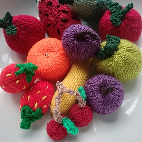 Educational safe child's play , Hand knitted fruit filled with safety stuffing . Buy Individual items to make up your own fruit bowl.