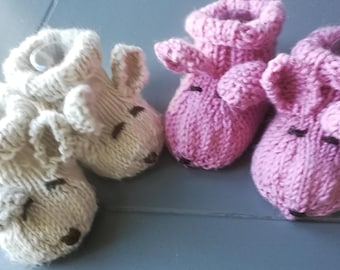 Hand Knitted Wool & Silk Bunny Booties, Embroidered Details (0-3 Months)