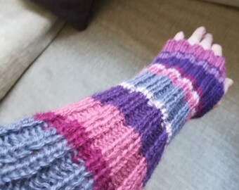 Pure Alpaca arm warmer gloves 14ins long hand knitted in different shades of pinks and purples, lovely and soft and cosy , great gift idea