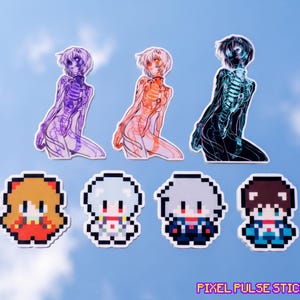 May include: Seven stickers featuring anime-style characters. The top row shows three figures with visible skeletal structures in purple, orange, and blue. The bottom row displays four pixel-art style characters. The text PIXEL PULSE STICKERS is visible.
