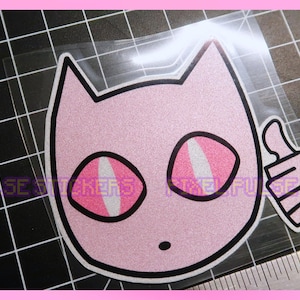 May include: Pink cat sticker with black outline, white and pink eyes, and a thumbs-up gesture. The sticker is on a black grid background with a pink border. The text "PIXEL PULSE STICKERS" is visible.