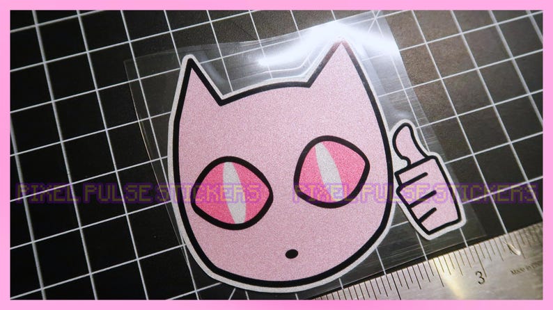 May include: Pink cat sticker with black outline, white and pink eyes, and a thumbs-up gesture. The sticker is on a black grid background with a pink border. The text "PIXEL PULSE STICKERS" is visible.