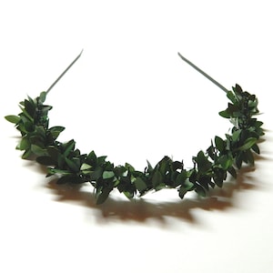 Könnte beinhalten: Ein grüner Blätter-Haarreif mit einem Drahtrahmen. Der Haarreif besteht aus künstlichen Blättern und ist perfekt, um jedem Outfit einen Hauch von Grün zu verleihen.