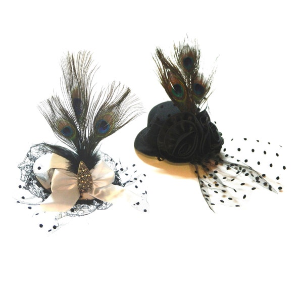 Mini chapeau haut de forme en plumes de paon, gothique noir blanc, bonnets de voile de mariage, cadeau accessoire photo, fée cosplay, casque de mariée