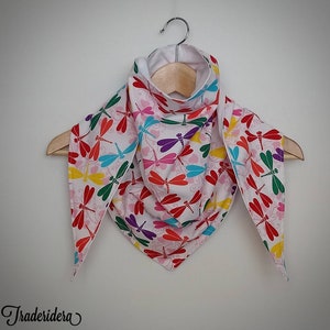 Triangular scarf in organic cotton with dragonfly pattern for women - scarf, scarf, shawl, shawl, neck warmer.