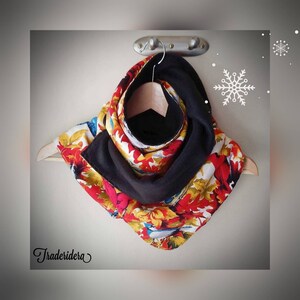 Wintery red scarf lined in cotton fleece with a leaf print - Shawl, scarf, or chèche for women.