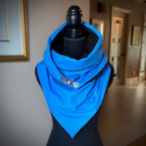 Fleece-lined cotton scarf, blue and black triangular print - Chèche, scarf, shawl, shawl, neck warmer.