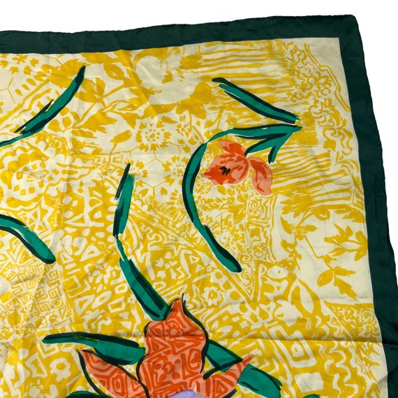 Vintage Silk Scarf Yellow Green Orange Floral Iri… - image 4