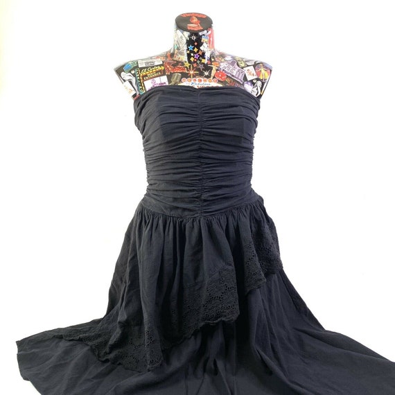 Vintage Black Strapless Dress Gathered and Smocke… - image 1