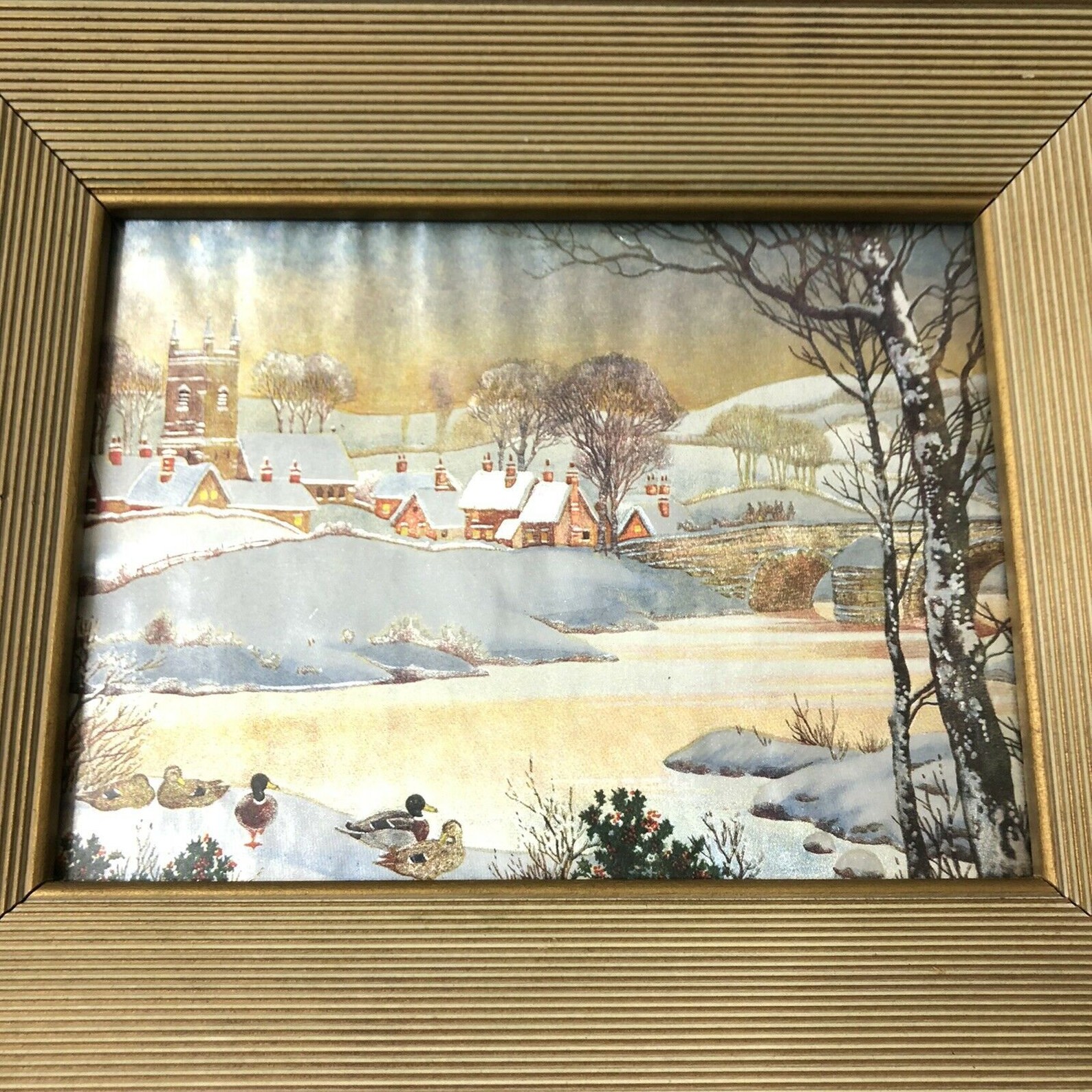 Set of 4 Vintage Foil Art Prints Fall Winter Village Scenes Etsy