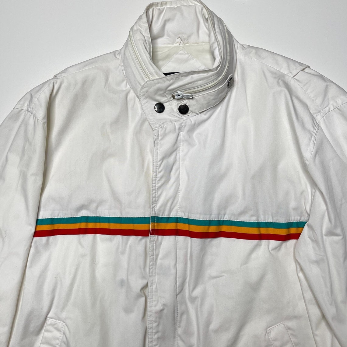 Vintage White Windbreaker Jacket Hidden Hood 3 Stripe Large Etsy