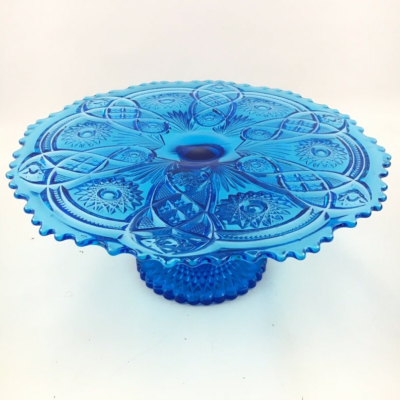 Vintage Imperial Glass Daisy and Button Antique Blue Round Pedestal Cake Stand