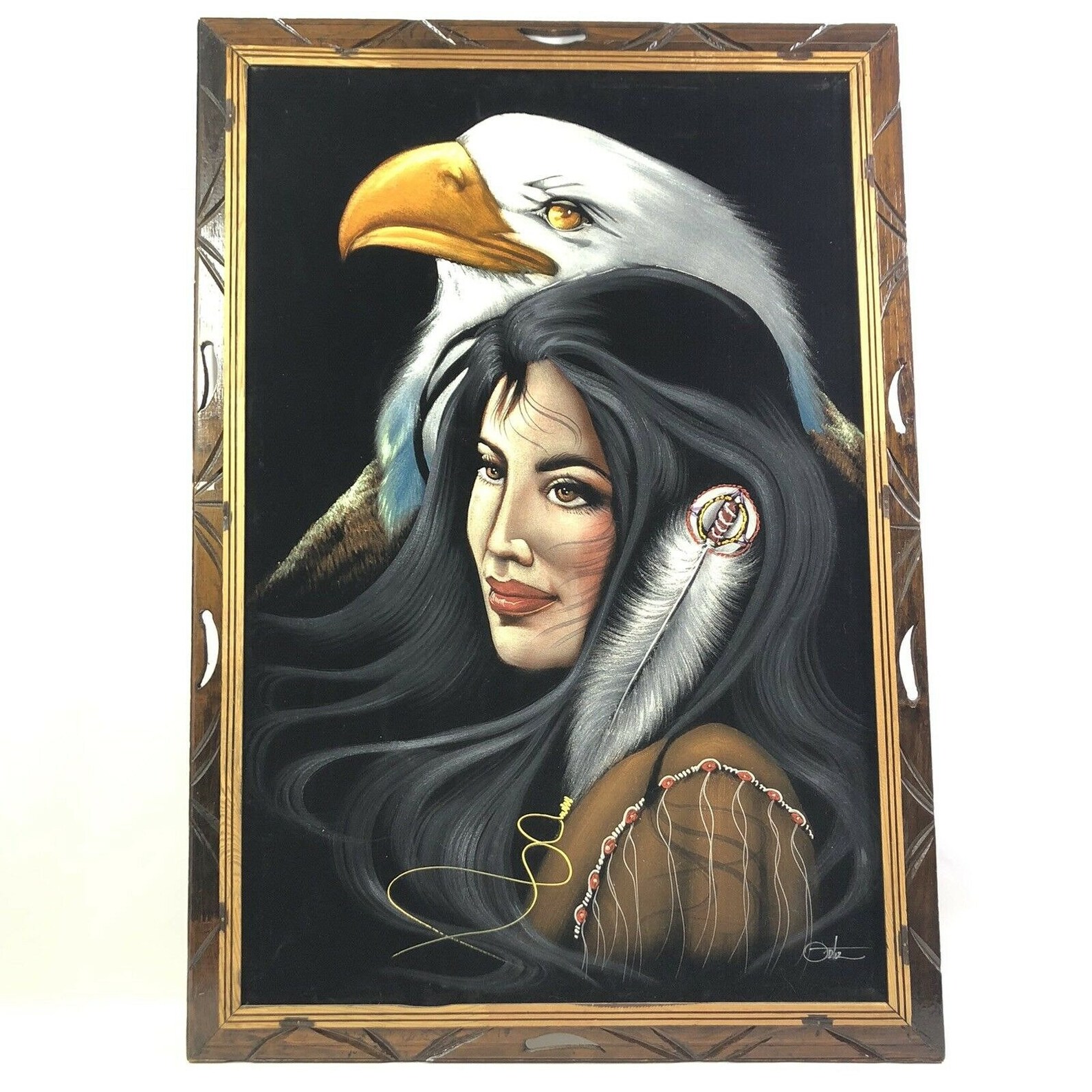 Signed Black Velvet Painting Native American Woman Bald Eagle - Etsy