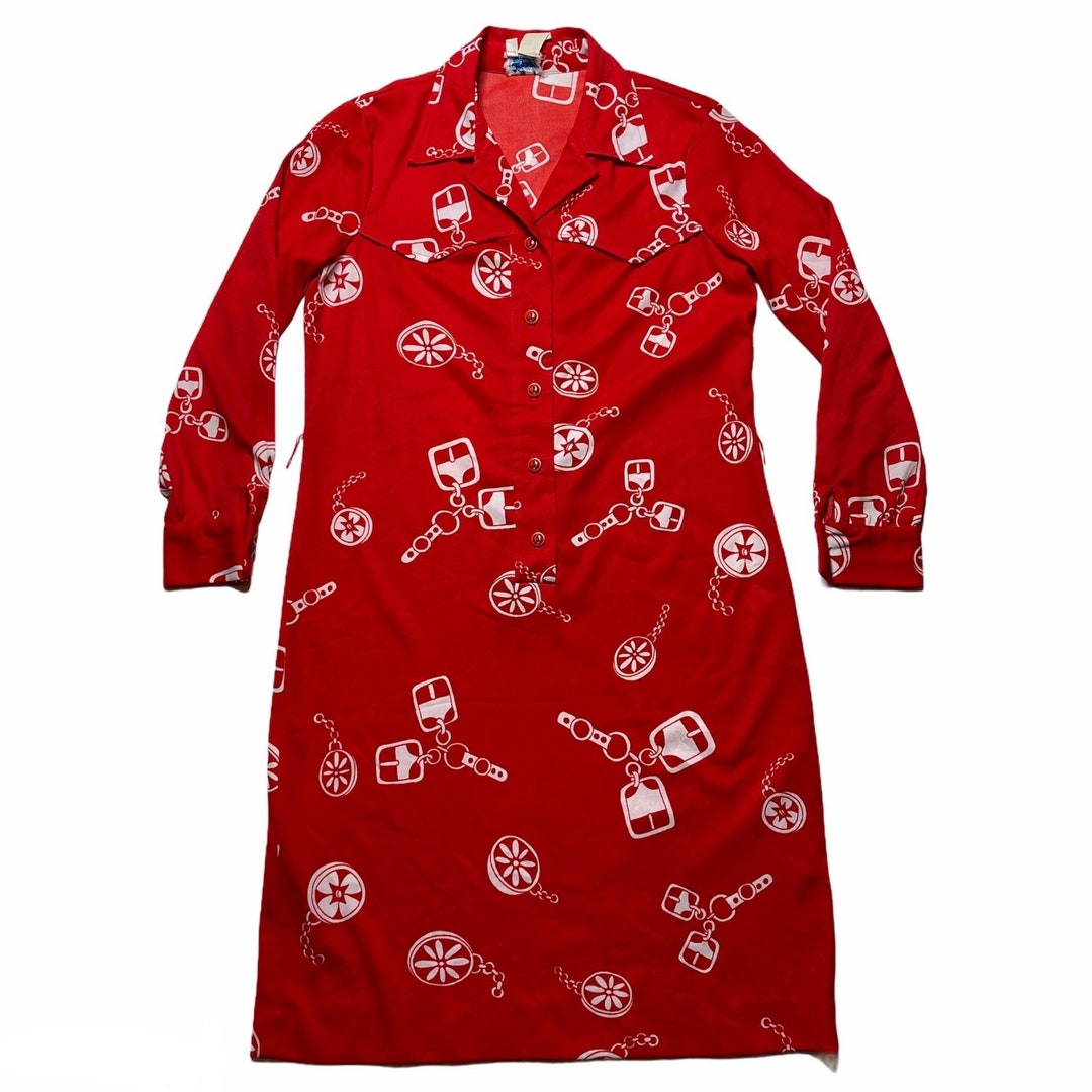 Vintage Red Shirt Dress M/L Collared Long Sleeve Buckle Chain Etsy