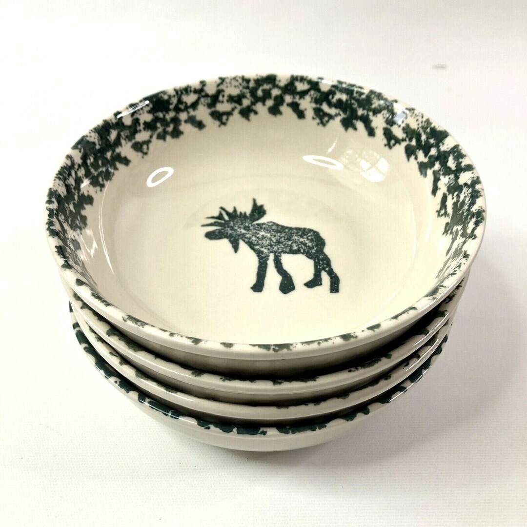 Folk Craft Moose Country Bowls Set of 4 Tienshan Pottery Green Etsy