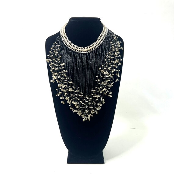 Beaded Cascading Choker Collar Necklace White Bla… - image 2