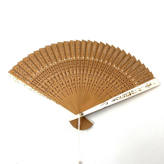 Vintage Asian Fold Out Hand Fan Thin Wood Strips … - image 1